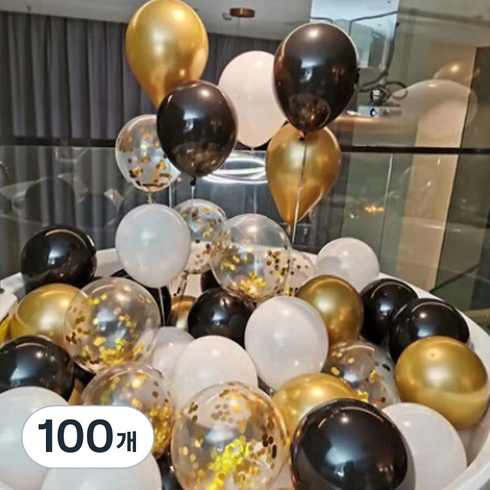 팡파티 파티풍선 + 공기주입기, 블랙 골드 화이트, 100개