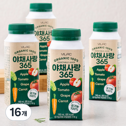 하루야채 채움 100ml4박스  - 비락 유기가공식품 인증 야채사랑 365 주스, 190ml, 16개