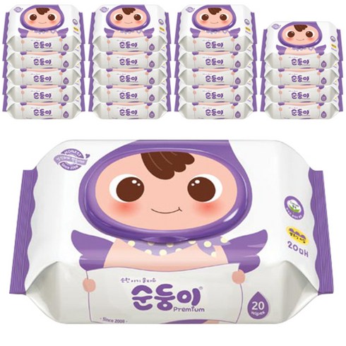 순둥이 프리미엄 엠보싱 유아 물티슈 캡형, 20매, 20개