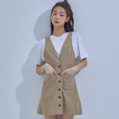 미쏘 브이넥 체크 민소매 원피스