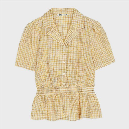 미쏘 여성용 체크 주름 반팔 블라우스