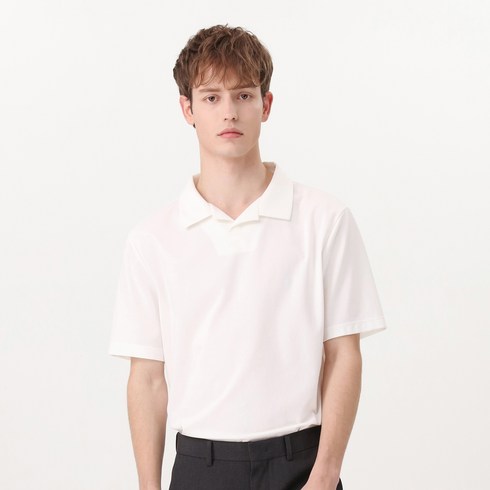 베이직하우스 남성용 CN스판 쿨 분또 솔리드 오픈카라 반팔 티셔츠 HUTS3108