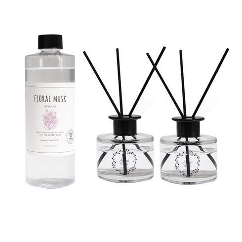더아로마샵 디퓨저 리필 500ml + 섬유스틱 랜덤발송 10p + 공병 2p 세트, 플로럴 머스크