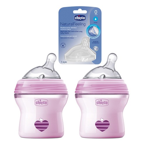 치코 내추럴필링 실리콘젖병 150ml x 2p + 젖꼭지, 느린(신생아~2개월), 핑크
