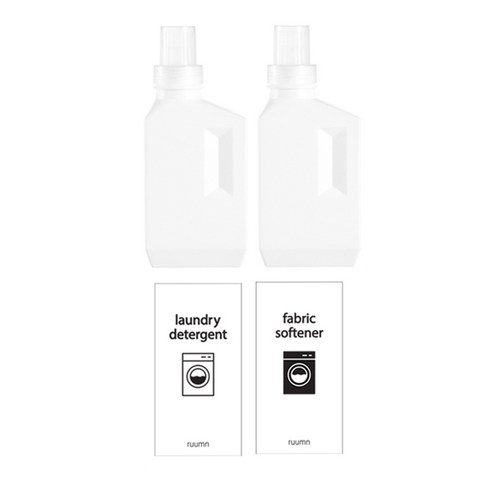 뉴앤룩 세탁 세제 소분 용기 화이트 600ml x 2p + 세탁 세제 스티커 + 섬유유연제 스티커 세트, 1세트, 1세트