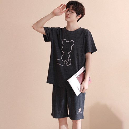 BK 남성용 여름 반팔 파자마 상하의 세트
