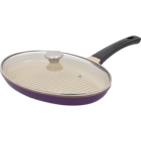 BAF 인덕션 타원형 그릴팬 바이올렛 + 유리뚜껑 세트, 1세트, 35cm
