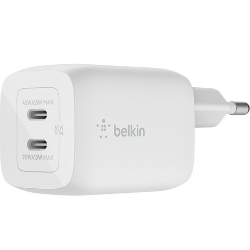 벨킨 65W 듀얼 USB-C타입 PD 3.0 PPS GaN 고속 충전기 WCH013kr, 화이트, 1개