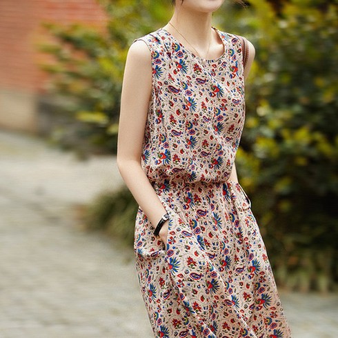 2023년 가성비 최고 꽃무늬원피스 - 아뗄릭 여름 가을 꽃무늬 프리드 민소매 주머니 미니 원피스 01782