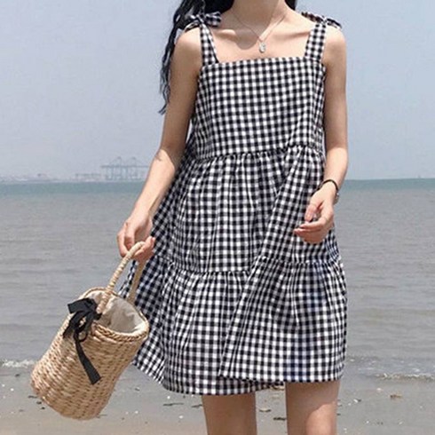 뽀르픽 여름 비치 깅엄체크 나시 원피스
