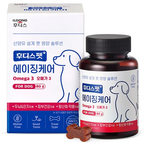 강아지오메가3 - 일동후디스 반려동물 후디스펫 에이징케어 피부 오메가3 80g, 혼합맛(오리고기/참치/완두), 1개, 피부/털개선