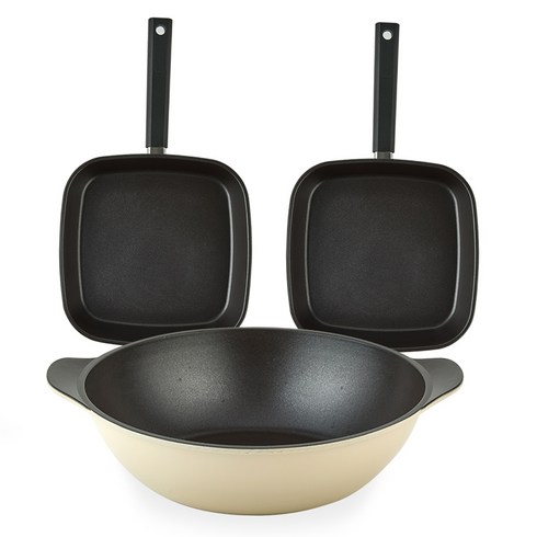 퀸센스 샌드 후라이팬 세트 3개, 베이지, 사각팬 27cm x 2p + 파티웍 28cm, 1세트
