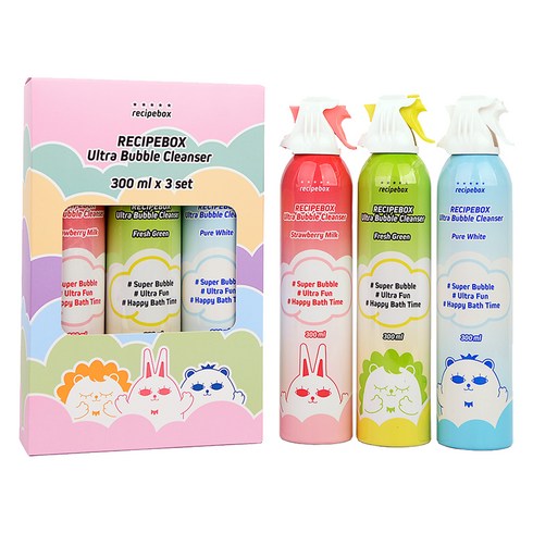 버블클렌저 - 레시피박스 유아용 거품목욕 울트라 버블클렌저 스트로베리밀크 300ml + 프레쉬그린 300ml + 퓨어화이트 300ml 세트, 900ml, 1세트