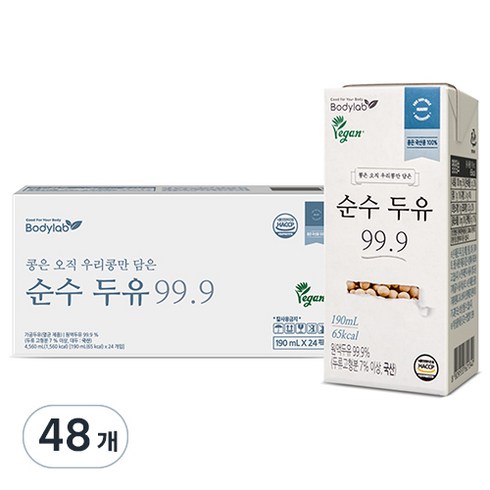 맛있는家 진한 무가당 온통두유 서리태통두유 99.8 190mLx48팩 - 바디랩 순수 두유 99.9, 190ml, 48개