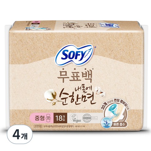 소피부하이 - 쏘피 내몸에 순한면 내추럴컬러에이 생리대 날개형, 중형, 18개입, 4개