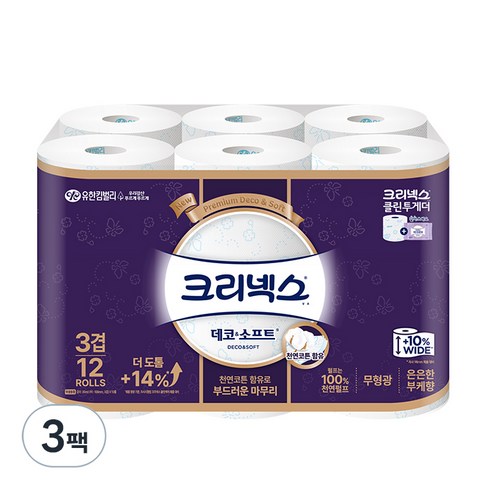 크리넥스 3겹 데코 앤 소프트 화장지 35m, 12롤, 3팩