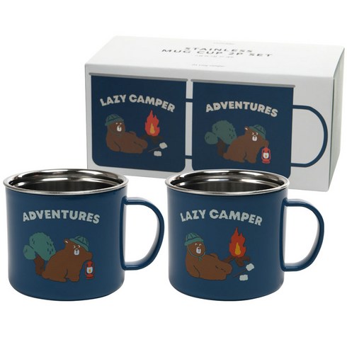 스텐 머그컵 01 Lazy camper 2종 x 300ml 세트, 남색, 2개