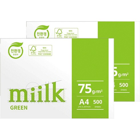 한국제지 Miilk GREEM 복사용지 75g, 1000개, A4