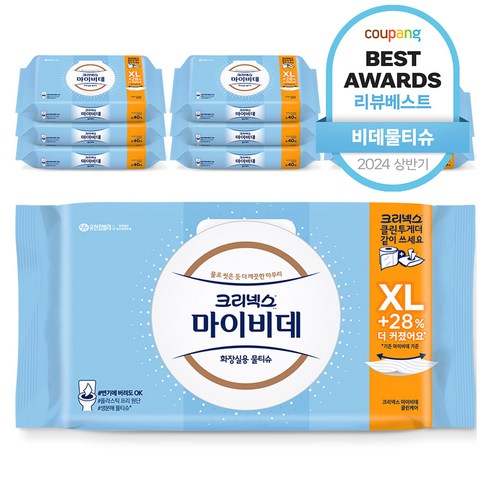 마이비데80매 - 크리넥스 마이비데 클린케어 엑스라지 화장실용 물티슈 캡형, 40매입, 9개