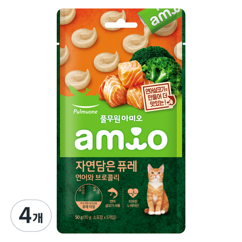 풀무원아미오 고양이 전연령용 자연담은 퓨레 연어와 브로콜리, 50g, 4개