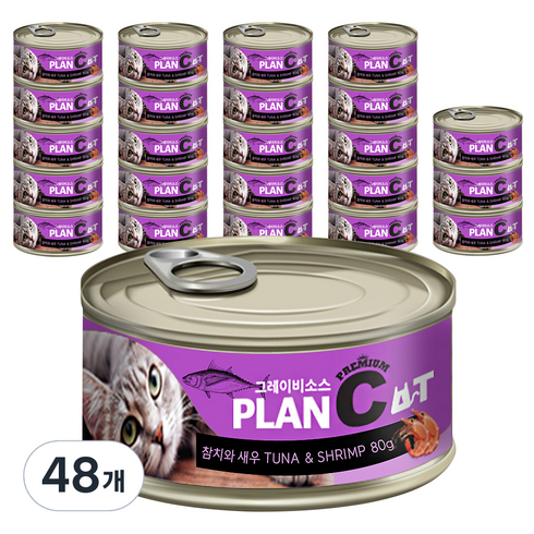 바이캣 고양이 플랜씨 그레이비소스 프리미엄 캔간식, 혼합맛(참치/새우), 80g, 48개