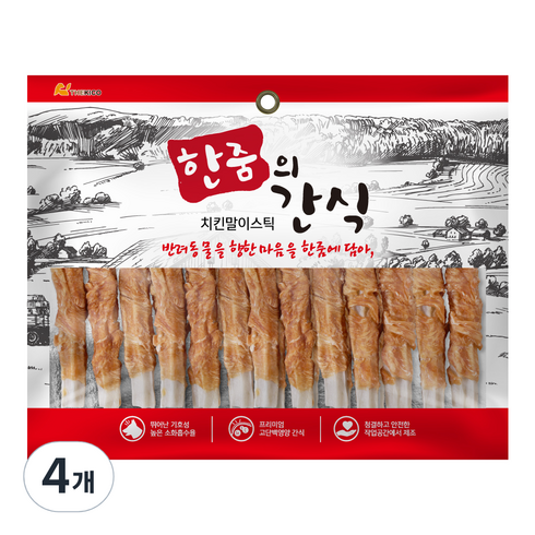 한줌의간식 치킨말이스틱 강아지 건조간식, 닭고기맛, 4개