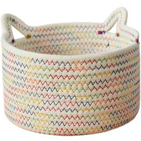 BUBU 고양이 모양 수납용 면 바구니 중 21cm x 12cm, 알록달록 화이트, 1개