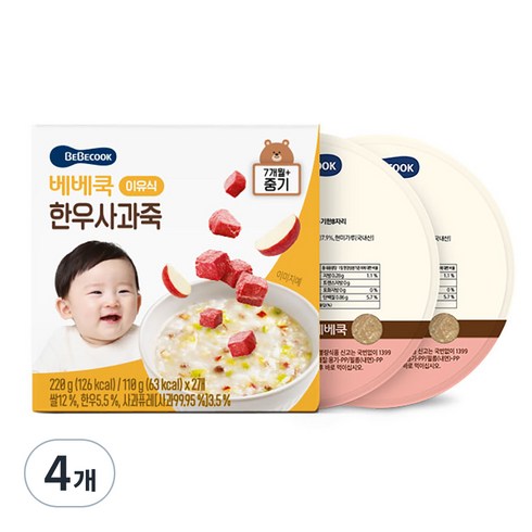 베베쿡 중기 한우사과죽 실온이유식 2p, 혼합맛(한우/사과), 220g, 4개