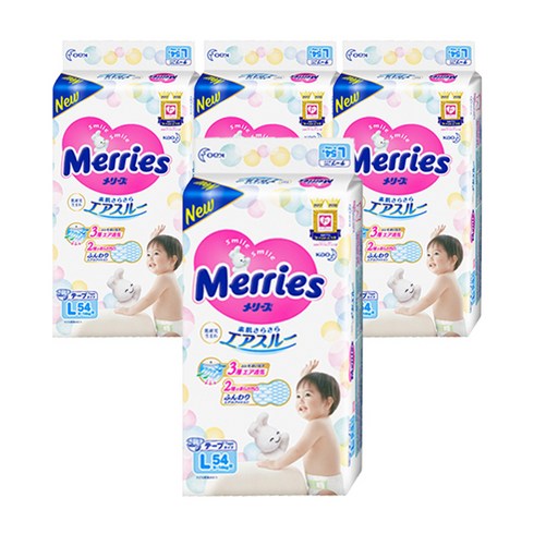 메리즈 기저귀 슈퍼점보 밴드형 대형 L 54매 X 4팩, 216매, 남여공용, 14kg, 사계절용, 남여공용