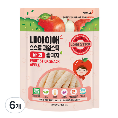 내아이애 유기농 스스로 과일 롱스틱, 사과, 30g, 6개