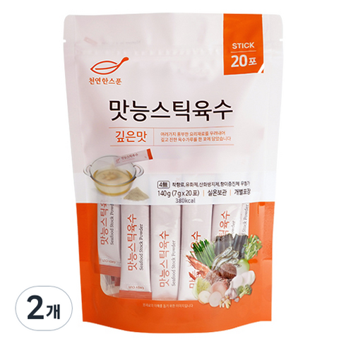 분말육수 - 천연한스푼 석하 깊은맛 맛능 스틱 육수 20p, 140g, 2개