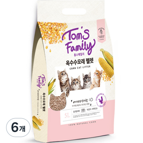 톰스패밀리 고양이 옥수수 화장실 배변모래 펠렛, 5L, 6개, 베이비 파우더향