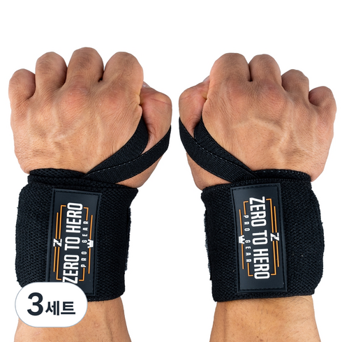 제로투히어로 헬스 손목보호대 wrist wrap Type2 기본형 Black, 3세트