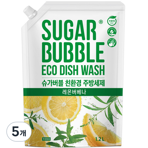 슈가버블 친환경 레몬버베나 주방세제 리필, 5개, 1.2L