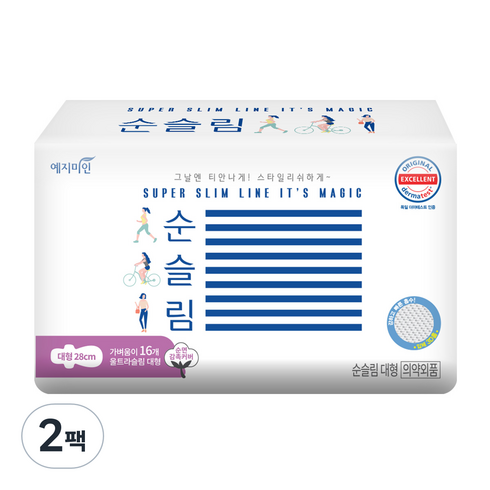예지미인 뉴 순슬림 생리대 날개형, 대형, 16개입, 2개