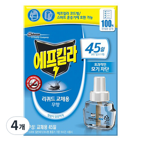 에프킬라 리퀴드 무향 리필 45일, 33ml, 4개