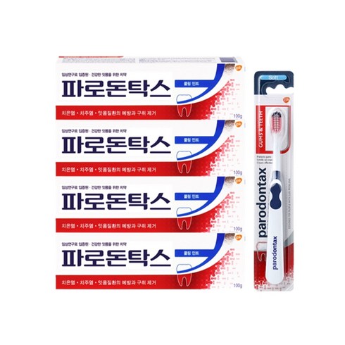 파로돈탁스치약 - 파로돈탁스 쿨링민트 치약 100g 4개 + 파로돈탁스 검앤티스 칫솔 1개, 1세트