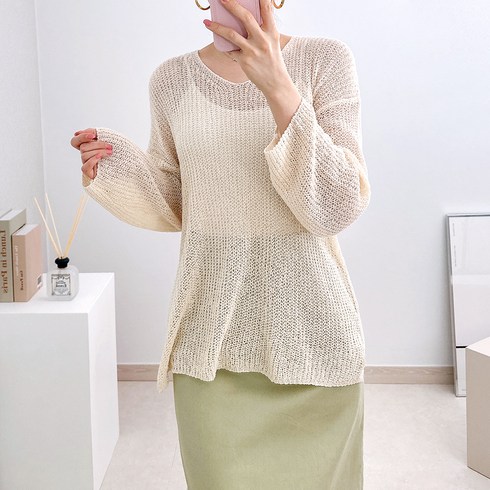 리버블루 여성용 여름 부클 시스루 루즈핏 브이넥 니트 티