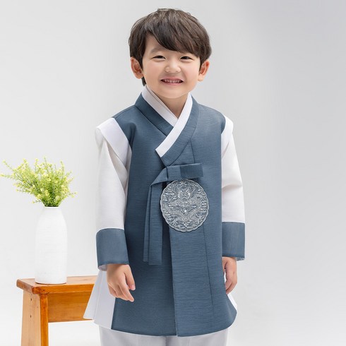 금동이한복 - 금동이 남아용 흑청투톤 한복 배자 + 저고리 + 바지 세트 AM225