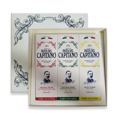파스타 델 카피타노 1905 선물세트 (오리지날 레시피 치약 +내추럴 허브 치약+시칠리 센텔라 치약), 3개, 75g