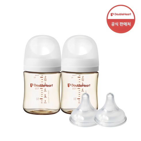 젖병 - 더블하트 모유실감 3세대 PPSU 베이직 트윈팩 160ml+젖꼭지(2입), 3세대 SS, 화이트, 1세트