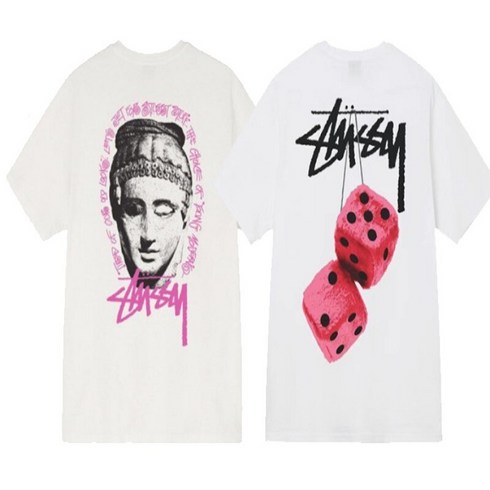 남녀공용 루즈한 코튼 티셔츠 반팔 패턴 프린트 크루넥 Stussy- 여름