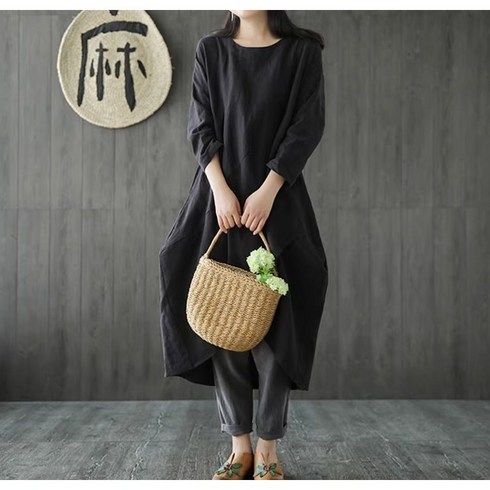 POMTOR 에스닉 패턴 면 마 루즈핏 슬림 원피스 여름원피스