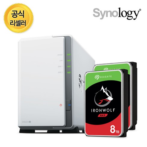 시놀로지 나스 서버 DS223j 2베이 NAS 씨게이트 아이언울프 합본 패키지, DS223j + 8TB x 2
