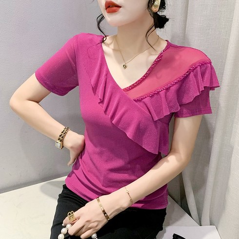 댄스복 상의 여성용 스터드 브이넥 망사 티셔츠 뉴타임즈 H802B768
