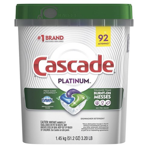 Cascade 캐스캐이드 플래티넘 식기 세척기 전용 세제 92입 프레쉬 센트 액션 팩 Platinum ActionPacs Dishwasher Detergent Fresh (92 ct.), 1.45kg, 1개