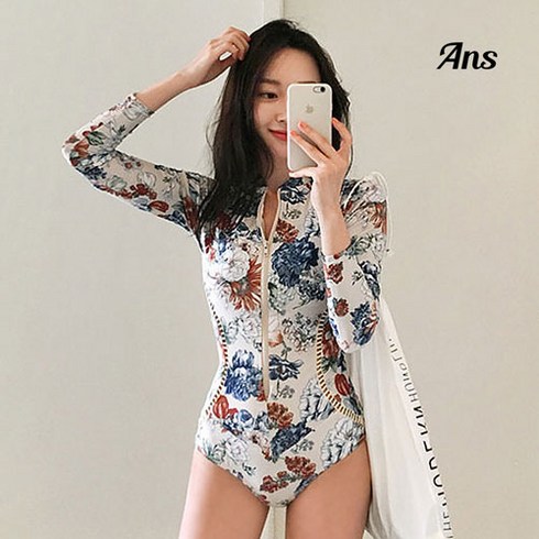 긴팔모노키니 - ANS 여성 원피스 수영복 모노키니 플라워 패턴 래쉬가드 슬림핏 집업 스윔 수트 패션 112