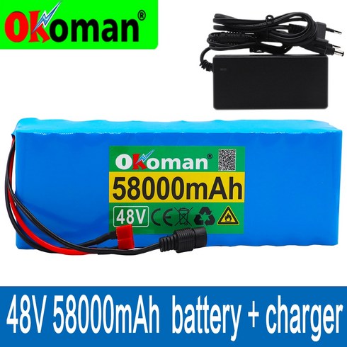 48v 리튬 이온 배터리 48V 20Ah 1000W 13S3P 리튬 이온 배터리 팩 54.6v 전자 자전거 전기 자전거 스쿠터 BMS + 충전기|배터리 팩|, 1개, 단일, 단일