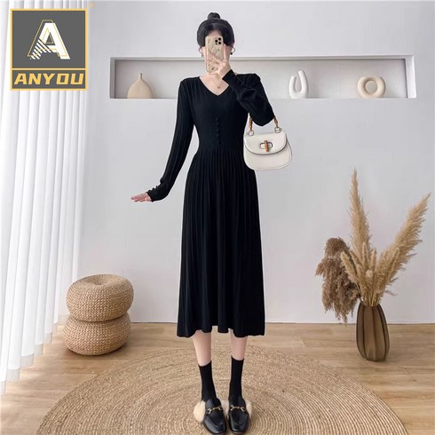ANYOU 원피스 롱 원피스 여성 원피스 셔츠 스커트 고급스러운 원피스