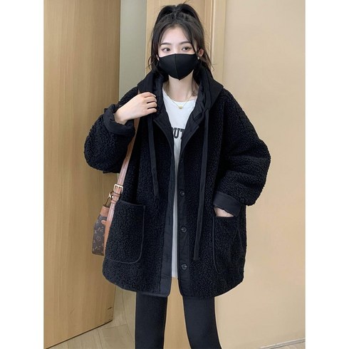 2023년 가성비 최고 양털코트 - HXT 겨울 여성 양털 뽀글이 후드 자켓 점퍼 숏코트 루즈핏 플리스 아우터 심플